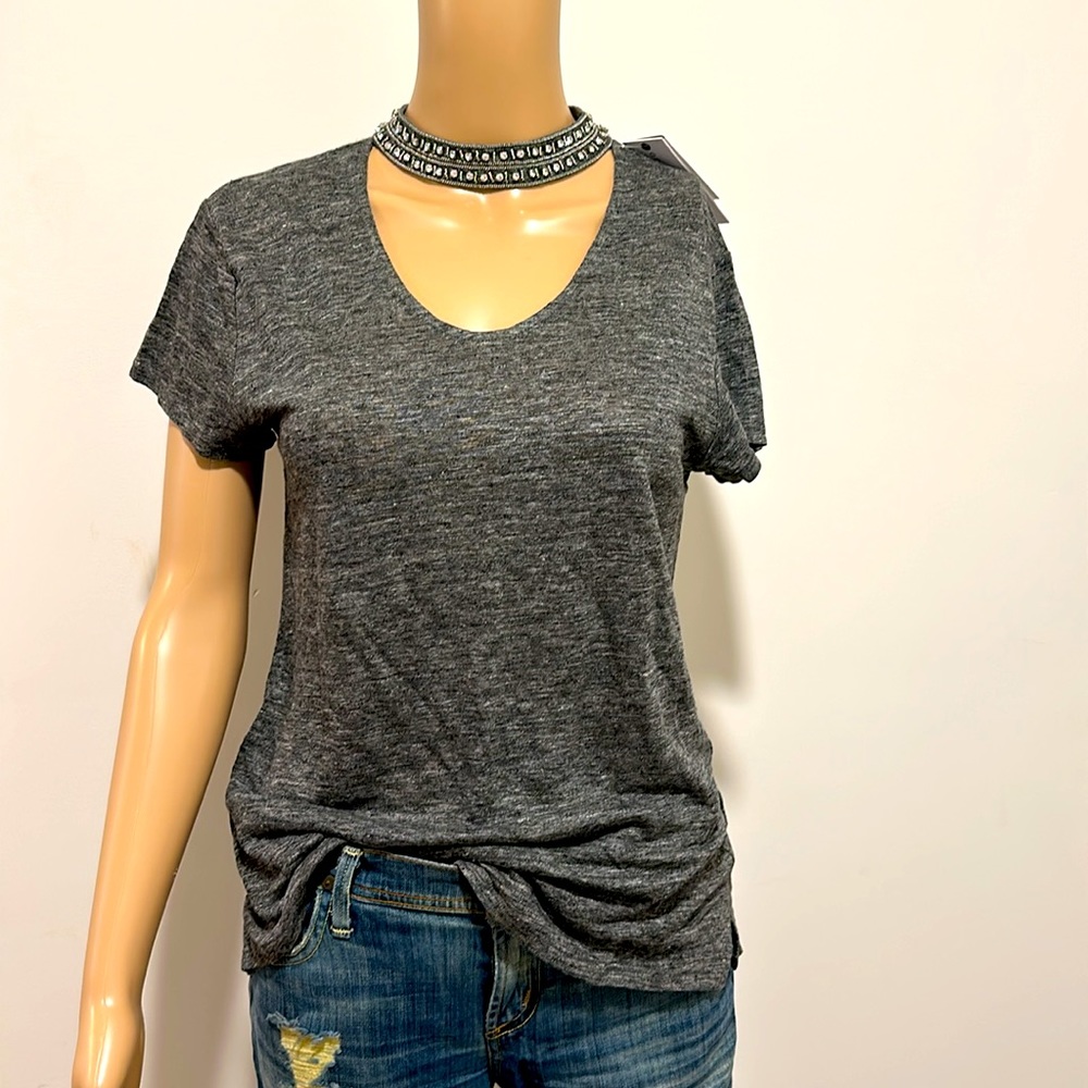 Linen blend top with crystals accent